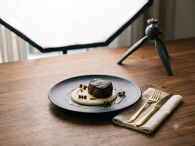 Food-Foto-Setup mit Softbox, kleinem Stativ und Teller auf Holz (KI-generierte Illustration)